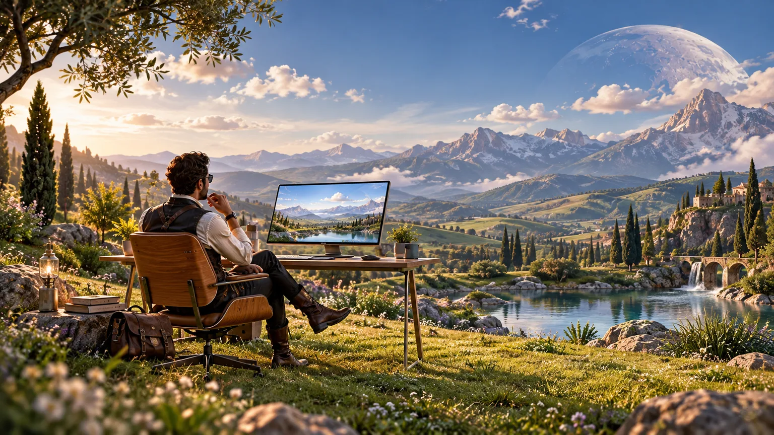 A person working at a desk with a monitor, overlooking peaceful mountains and a lake